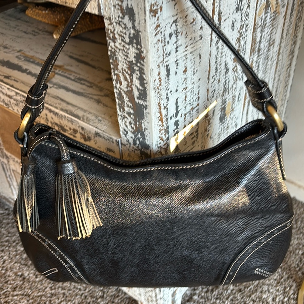 TALBOTS Tasseled Black Leather Hobo Shoulder Bag‎